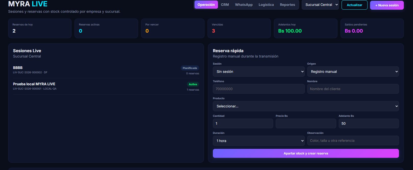 Módulo MYRA LIVE con indicadores de reservas del día, sesiones activas y el formulario
                 para apartar stock durante una transmisión.