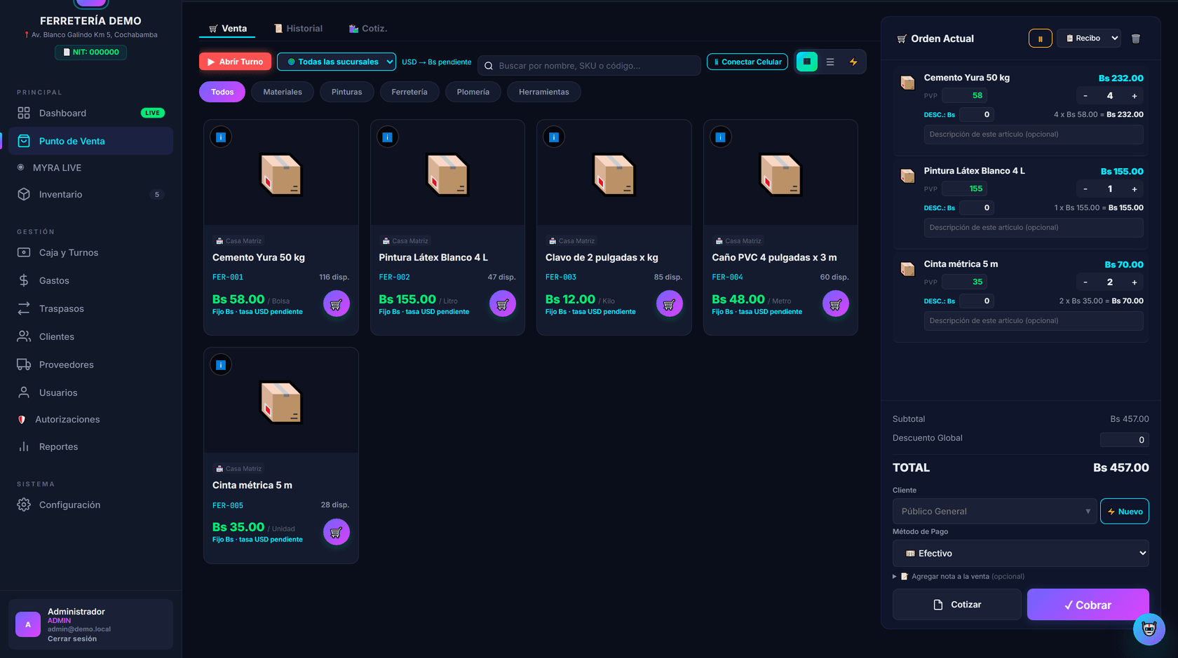 Punto de venta de MYRA con el catálogo por categorías a la izquierda y la orden actual a
                 la derecha, con productos, cantidades, total y método de pago.